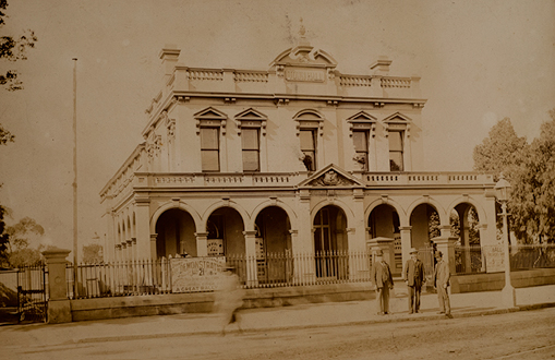 Sepia tone image of Parramatta Town Hall circa 1900