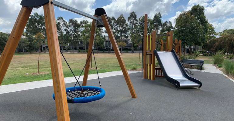Giant swing, slide and equipment and park bench