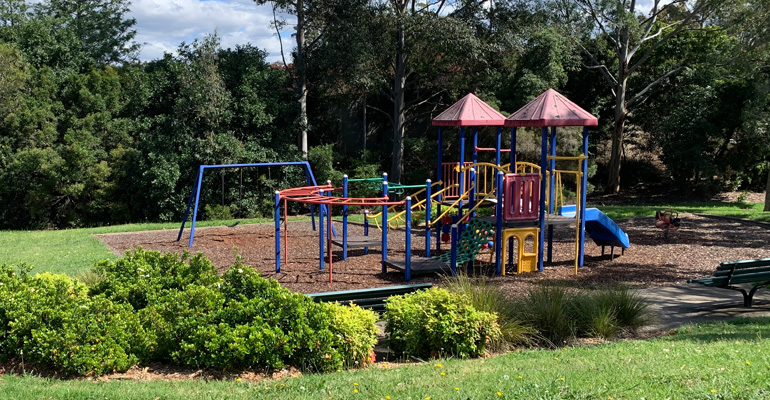 Low bushes in front of play equipment with monkey bars, climbing rope, slide and swings