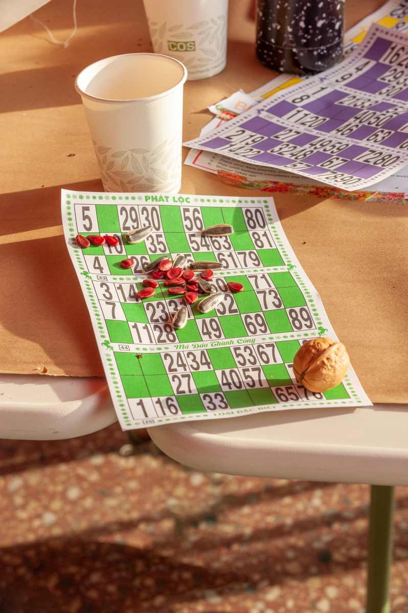 Game card on table with seeds and nuts