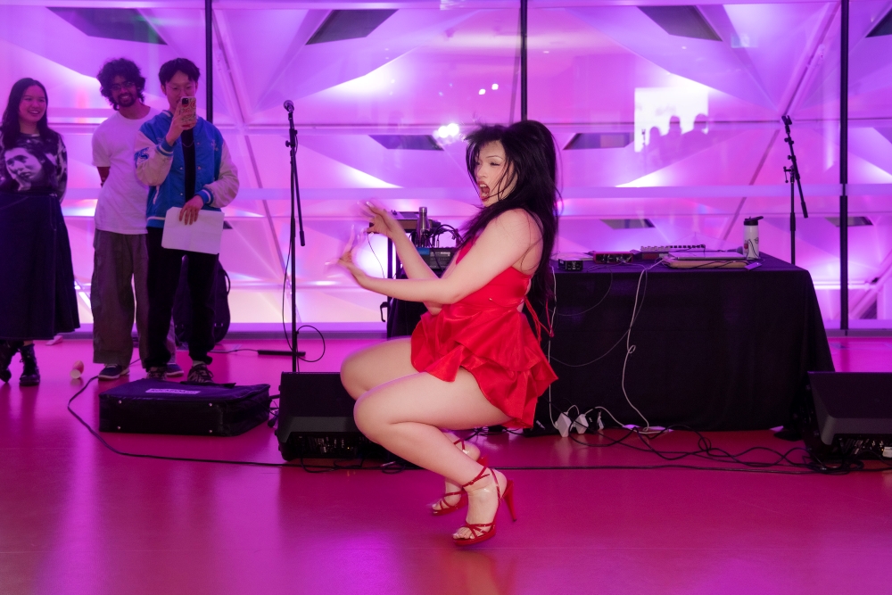 A woman in a red dress and heels dances energetically in front of a small, smiling audience. The stage is lit with vibrant pink and purple lights, creating a lively and dynamic atmosphere.
