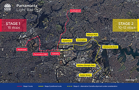 Map of the Parramatta Light Rail Stage 2 routes