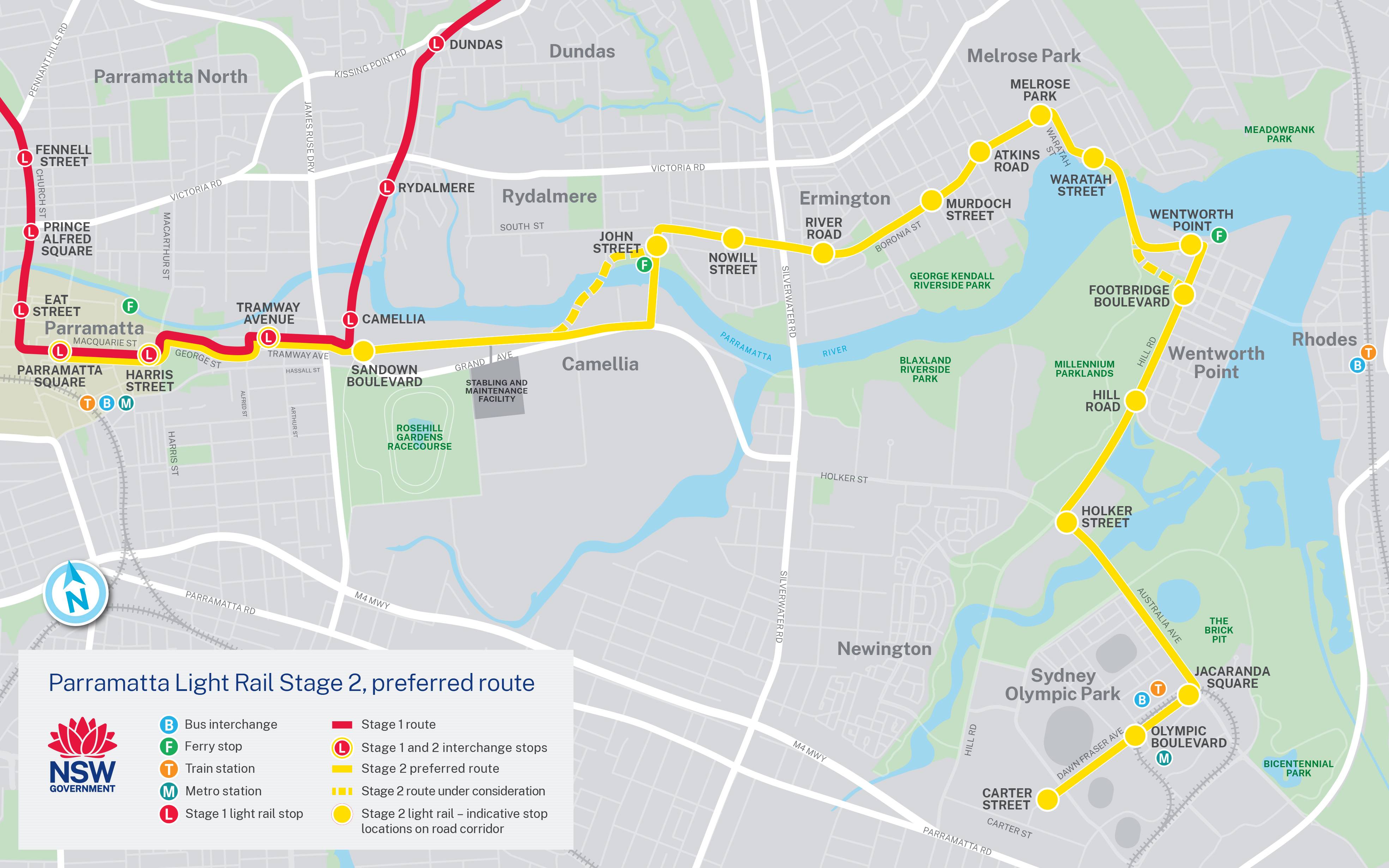 Stage 2 Parramatta Light Rail operational map confirming the preferred Stage 2 route which will travel south of the Parramatta River, through Camellia in the proposed Camellia-Rosehill Precinct, before crossing the river to Rydalmere.