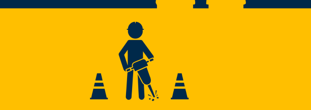 Animated worker in blue working with jack hammer