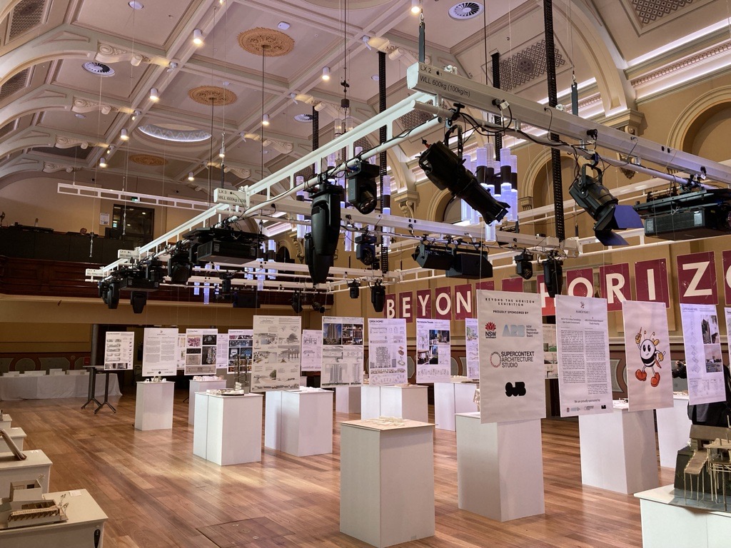 Exhibition hall set up with white stands