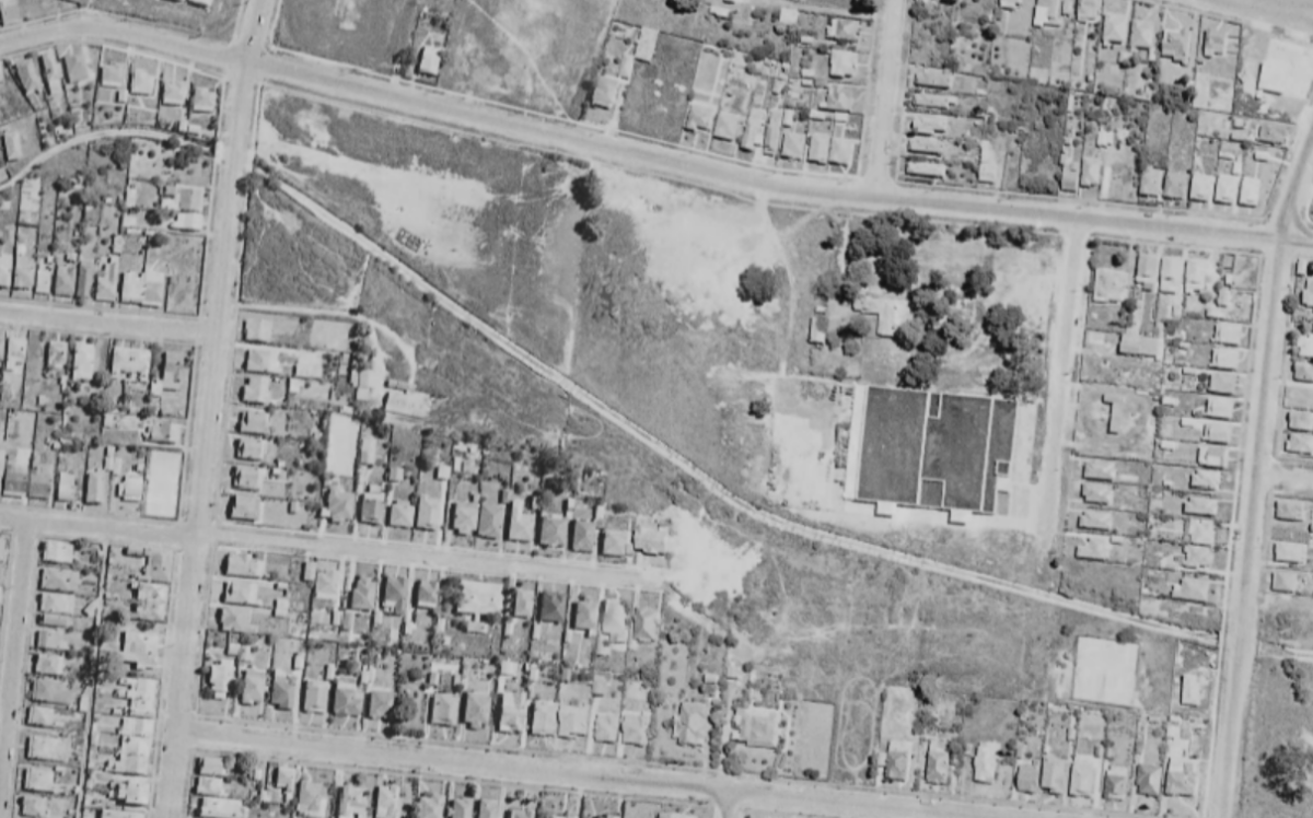 Aerial view of Experiment Farm from 1955