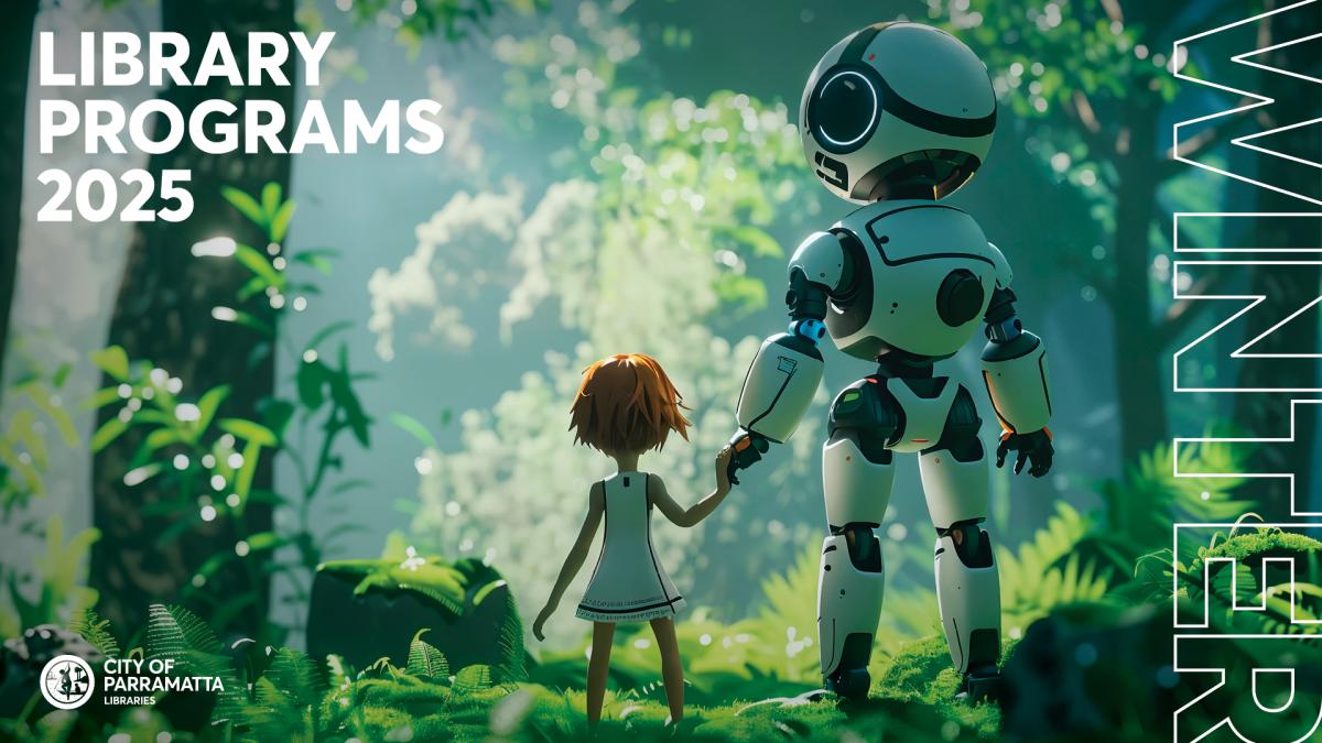 White robot holding child's hand and walking