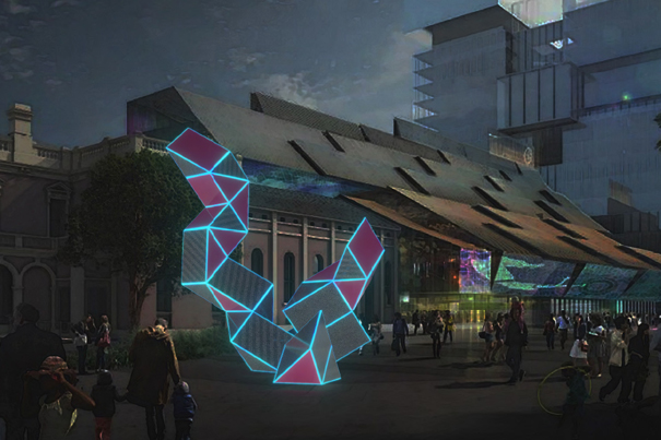 New age purple and pink polygon which is an architects rendering of an Eel from the Parramatta River