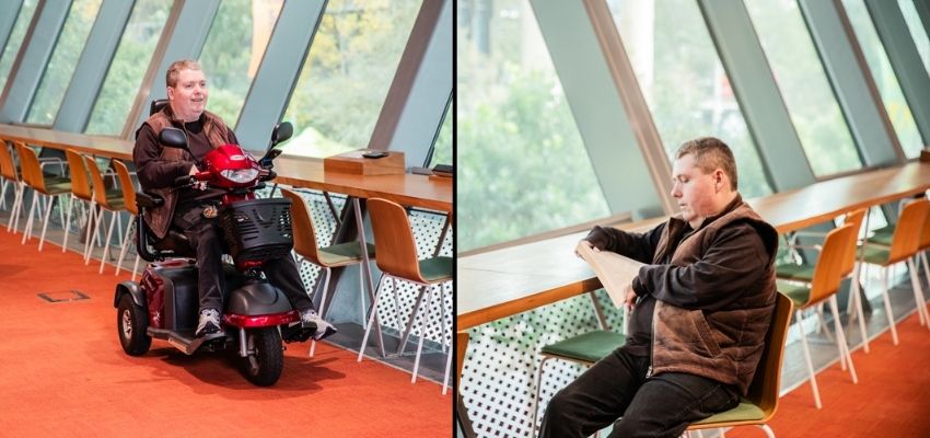 Two images side by side: Left shows a person on a red mobility scooter indoors with a smiling expression. Right shows the same person sitting and reading.