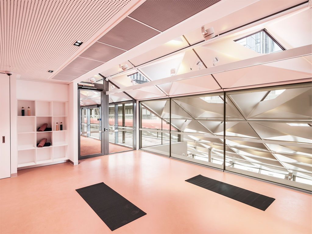 Modern yoga studio with large geometric windows, pink flooring, two black mats, and shelves holding water bottles. Bright, tranquil atmosphere.