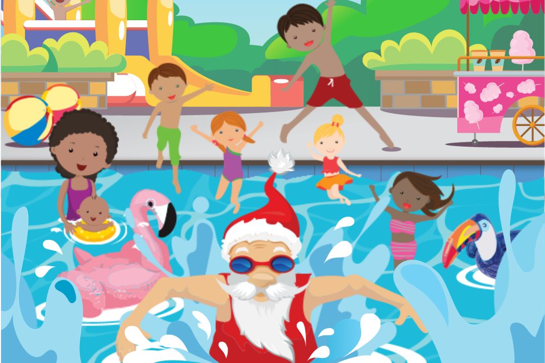cartoon santa in pool with children