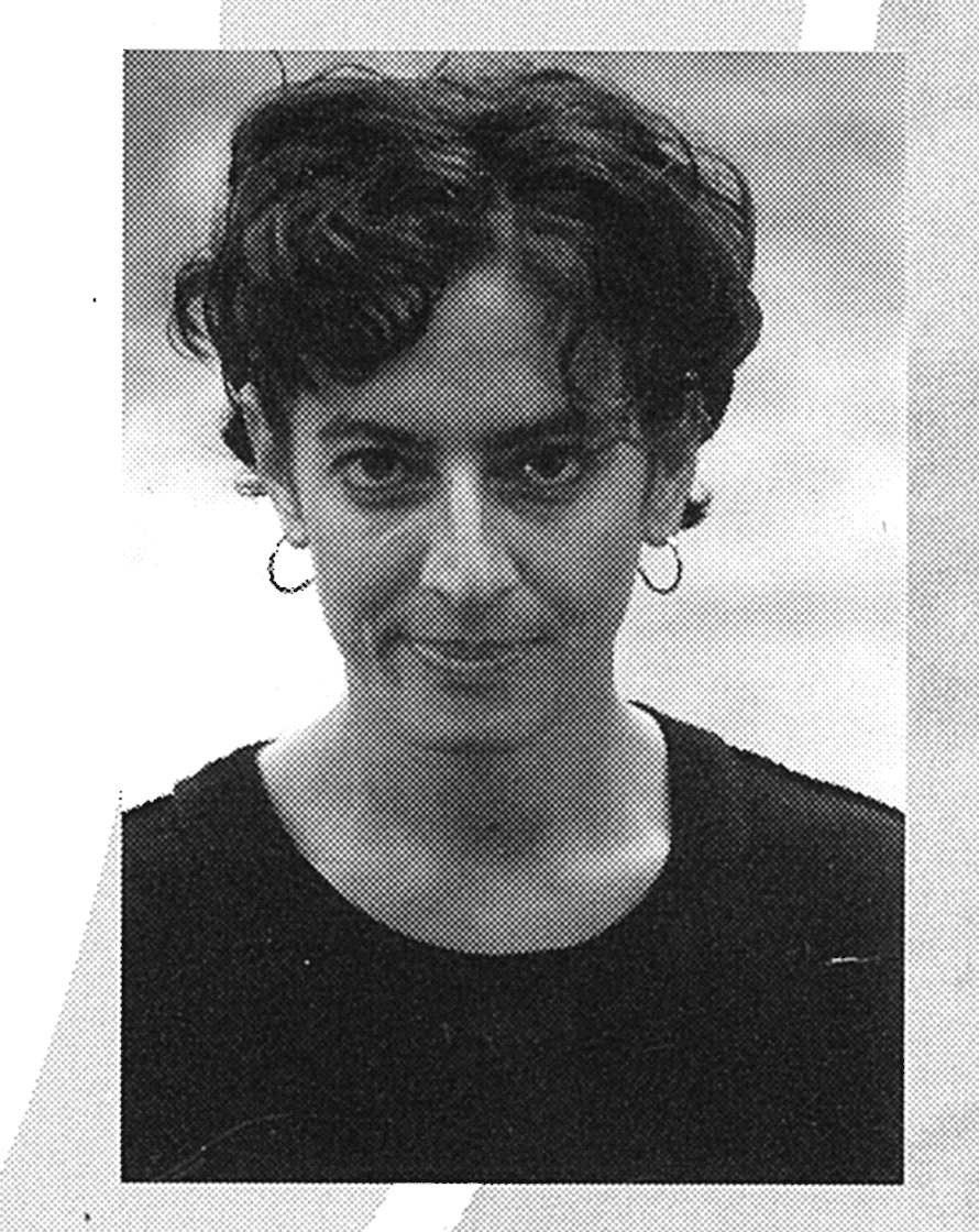 Black and white portrait of a person with curly hair and hoop earrings, looking directly at the camera with a neutral expression. Textured background.