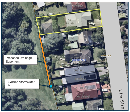 House with yellow lines indicating the area of construction of stormwater pipe