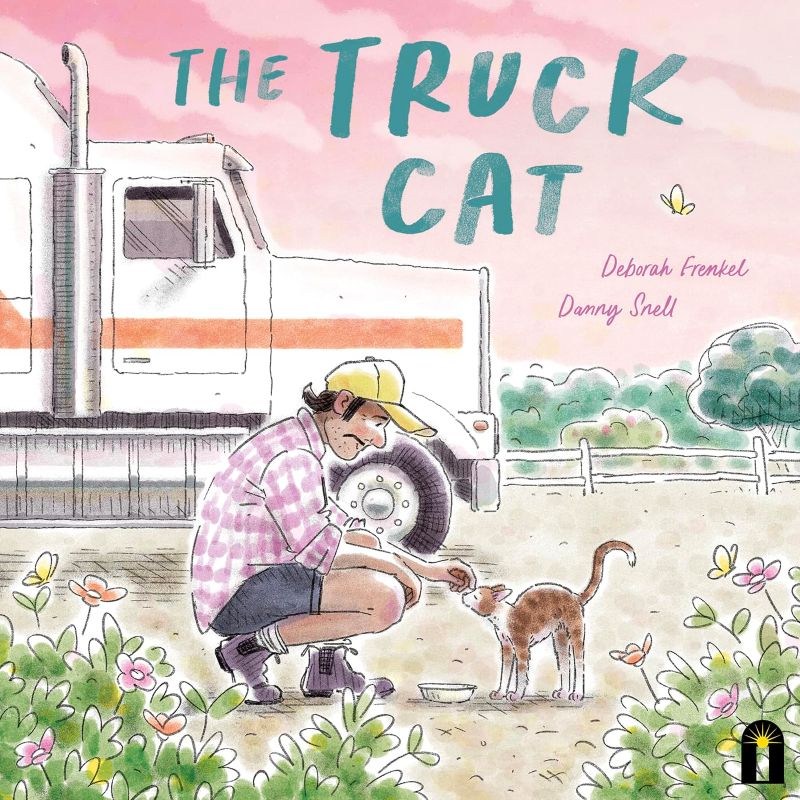 Carton of Man patting a cat with a Truck in the background