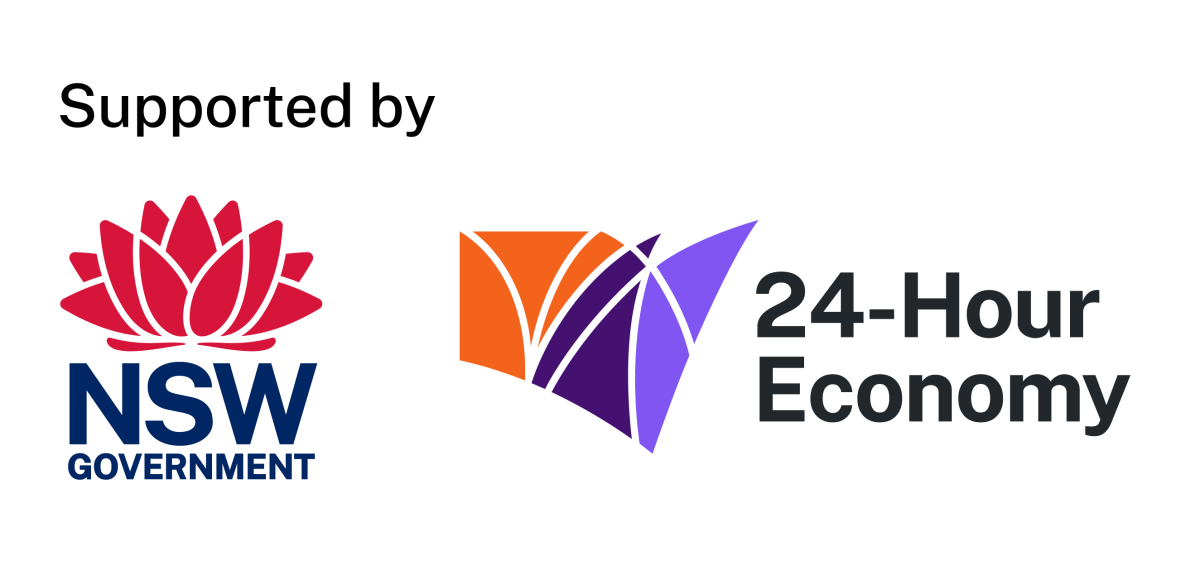 Logos for NSW Government and 24-Hour Economy on a black background. Red lotus with blue text for NSW, abstract purple and orange design for 24-Hour Economy.