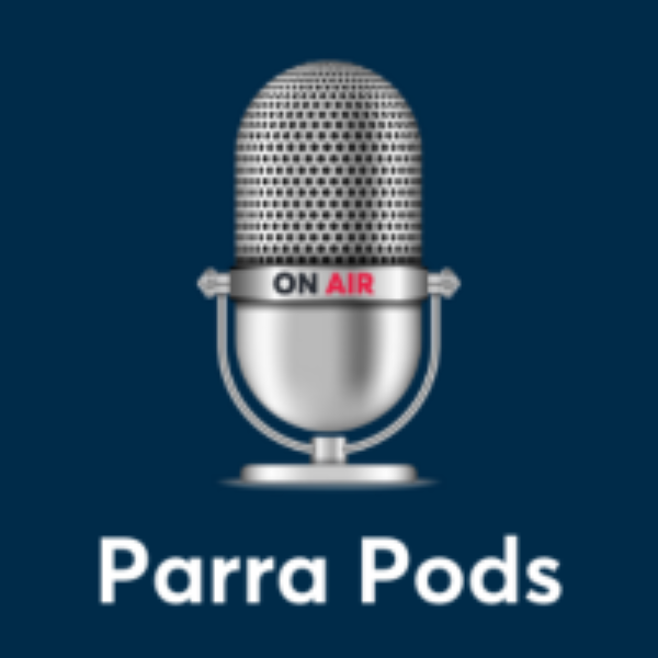 Microphone with Parra Pods written in white underneath with blue background