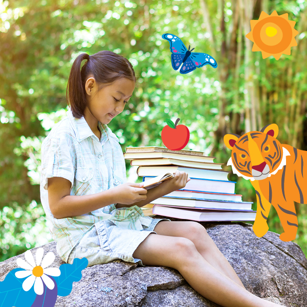 Girl reading books with animated butterfly, sun and tiger in background 