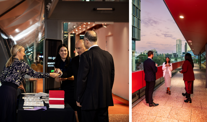 Two photos from REO Group Breakfast event, two men at the registration table and three people standing on the veranda