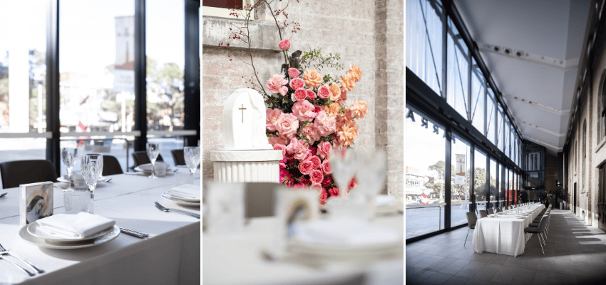 Beautiful architectural details create the perfect setting for florals and tablescapes in the Ngurra Gunya room overlooking Parramatta Square.