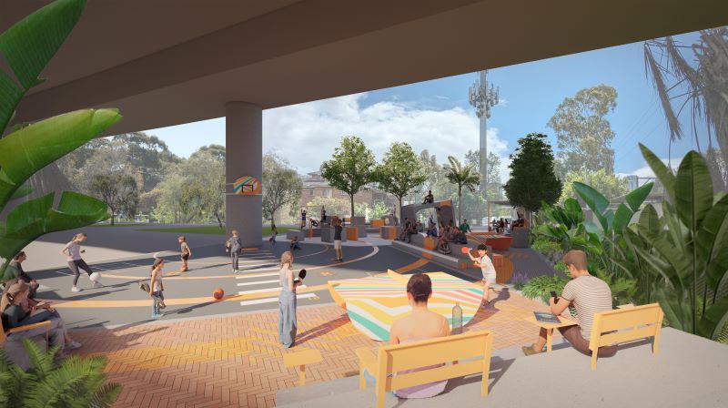 Artist impression of the new plaza with concrete ground with seats 