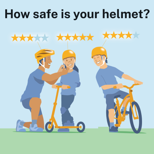 Cartoon of Man and children wearing helmets with stars for each helmets