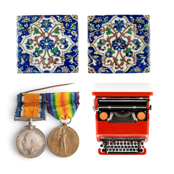 Persian rug, old medals and old type writer