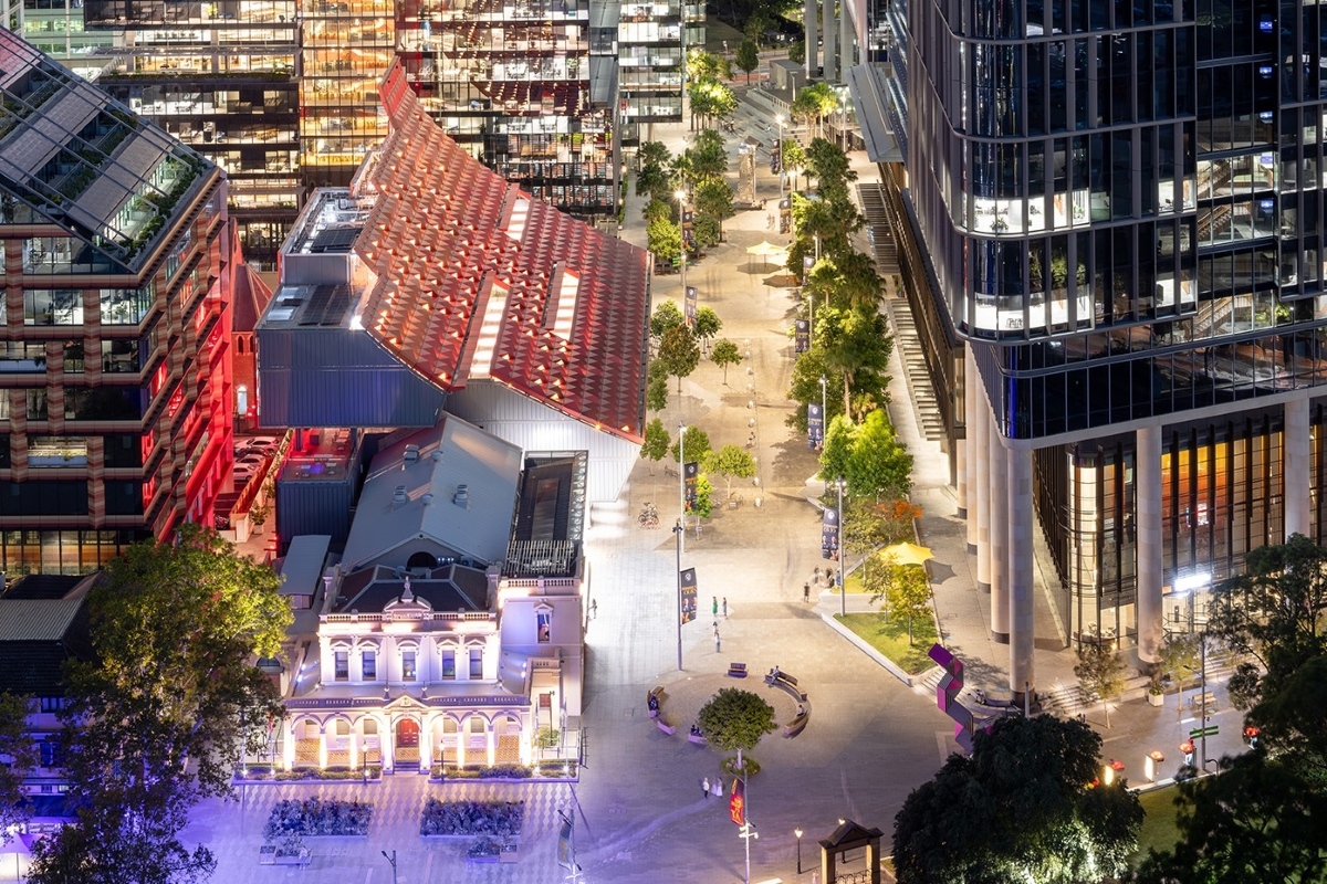 Aerial night time view of Parramatta Town Hall and PHIVE
