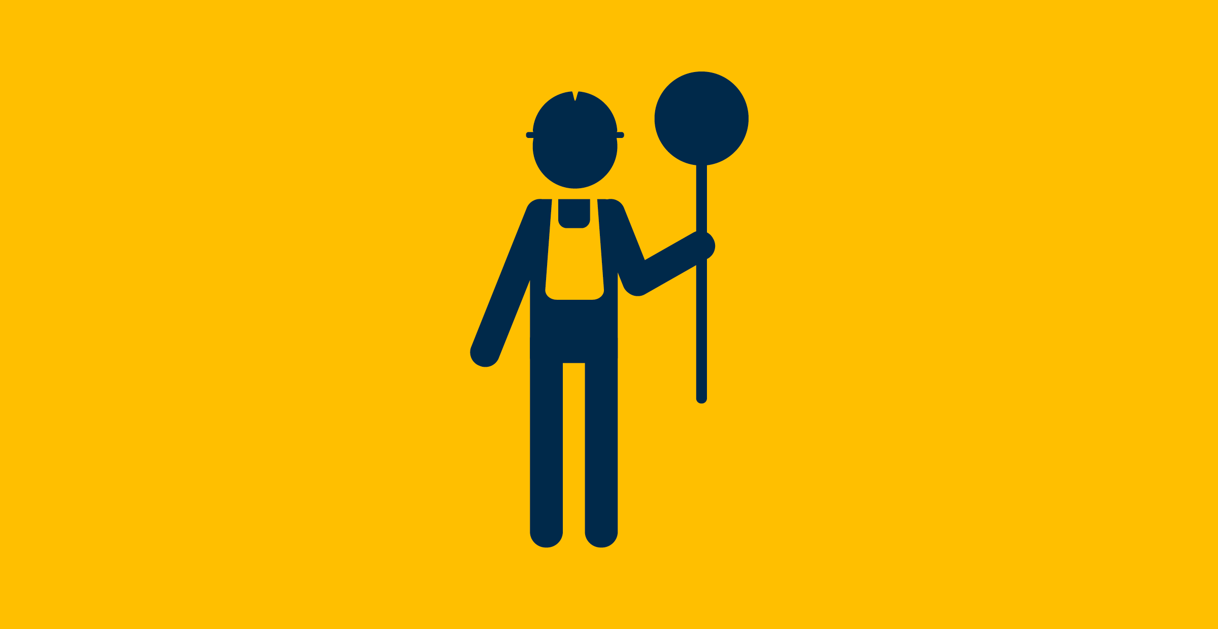Cartoon Worker in blue holding a stop sign 